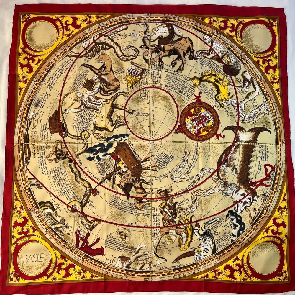 BASILE DESIGNER Scarf Italy Silk Astrology Map nautical Red 33” x 34”